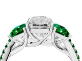 White gold Three-Stone Radiant Cut Diamond Ring with Round with Emerald side stone Pavé Band and Prong Setting_4