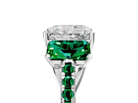White gold Three-Stone Radiant Cut Diamond Ring with Round with Emerald side stone Pavé Band and Prong Setting_5