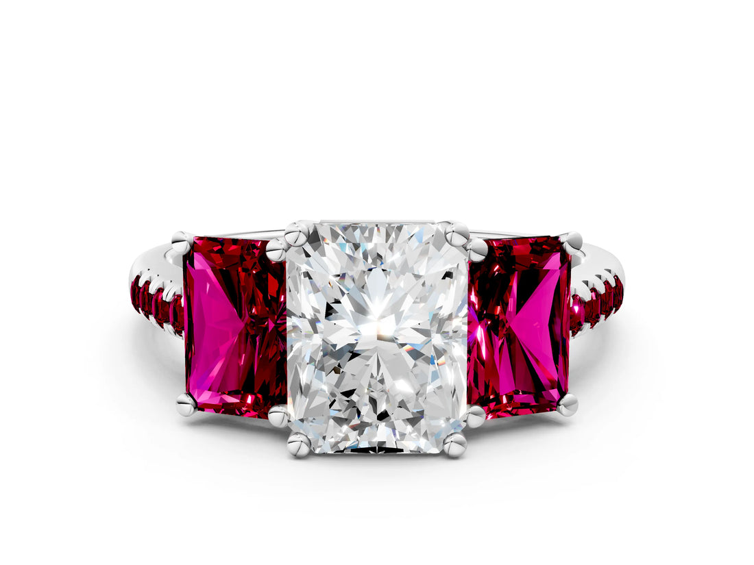 White gold Three-Stone Radiant Cut Diamond Ring with Round with Garnet side stone Pavé Band and Prong Setting_12