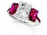 White gold Three-Stone Radiant Cut Diamond Ring with Round with Garnet side stone Pavé Band and Prong Setting_13