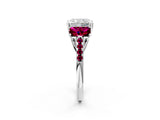 White gold Three-Stone Radiant Cut Diamond Ring with Round with Garnet side stone Pavé Band and Prong Setting_14