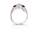 White gold Three-Stone Radiant Cut Diamond Ring with Round with Garnet side stone Pavé Band and Prong Setting_15