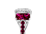 White gold Three-Stone Radiant Cut Diamond Ring with Round with Garnet side stone Pavé Band and Prong Setting_17