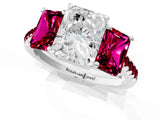 White gold Three-Stone Radiant Cut Diamond Ring with Round with Garnet side stone Pavé Band and Prong Setting_1