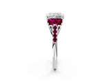 White gold Three-Stone Radiant Cut Diamond Ring with Round with Garnet side stone Pavé Band and Prong Setting_2