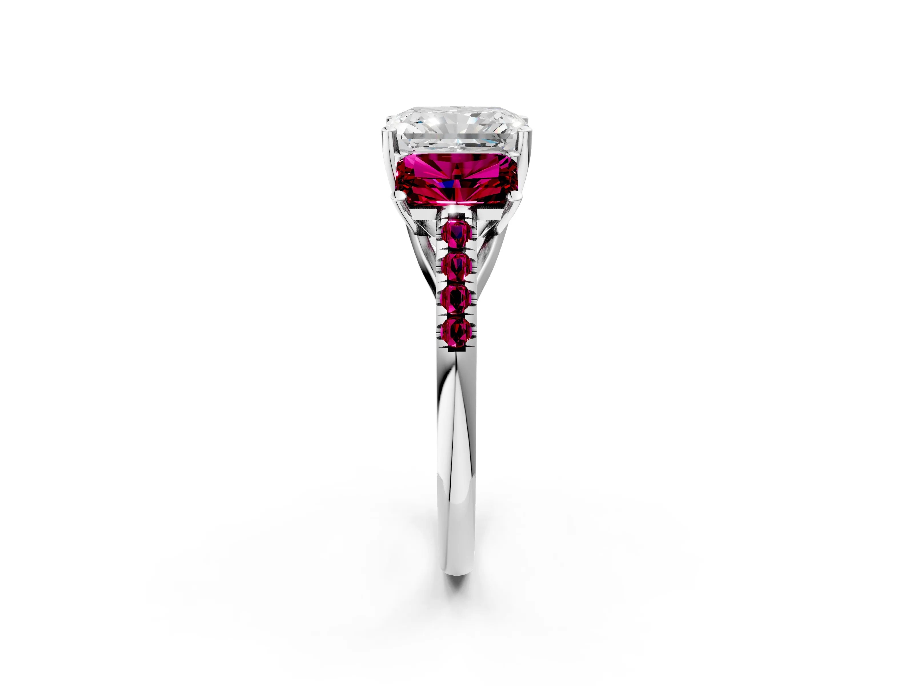 White gold Three-Stone Radiant Cut Diamond Ring with Round with Garnet side stone Pavé Band and Prong Setting_2