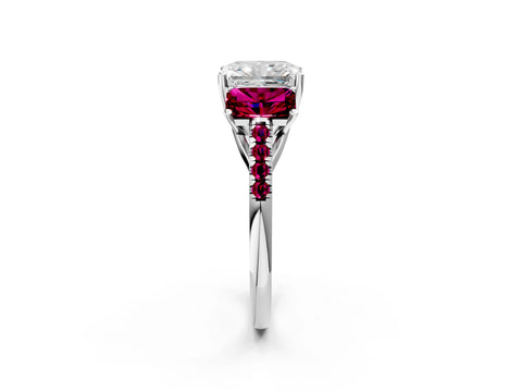 White gold Three-Stone Radiant Cut Diamond Ring with Round with Garnet side stone Pavé Band and Prong Setting_2