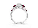 White gold Three-Stone Radiant Cut Diamond Ring with Round with Garnet side stone Pavé Band and Prong Setting_3