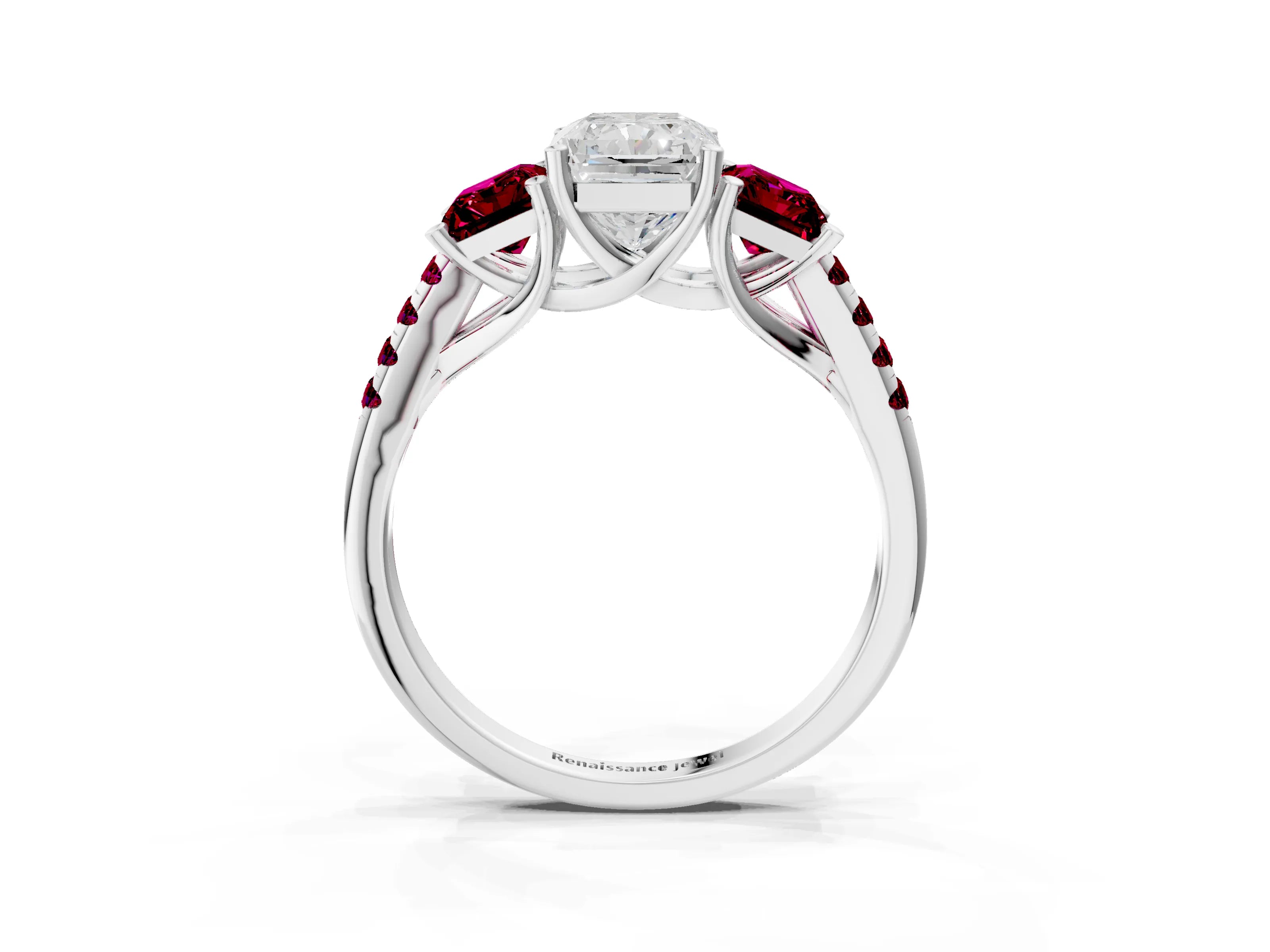 White gold Three-Stone Radiant Cut Diamond Ring with Round with Garnet side stone Pavé Band and Prong Setting_3