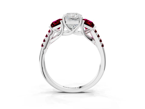 White gold Three-Stone Radiant Cut Diamond Ring with Round with Garnet side stone Pavé Band and Prong Setting_3