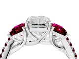White gold Three-Stone Radiant Cut Diamond Ring with Round with Garnet side stone Pavé Band and Prong Setting_4