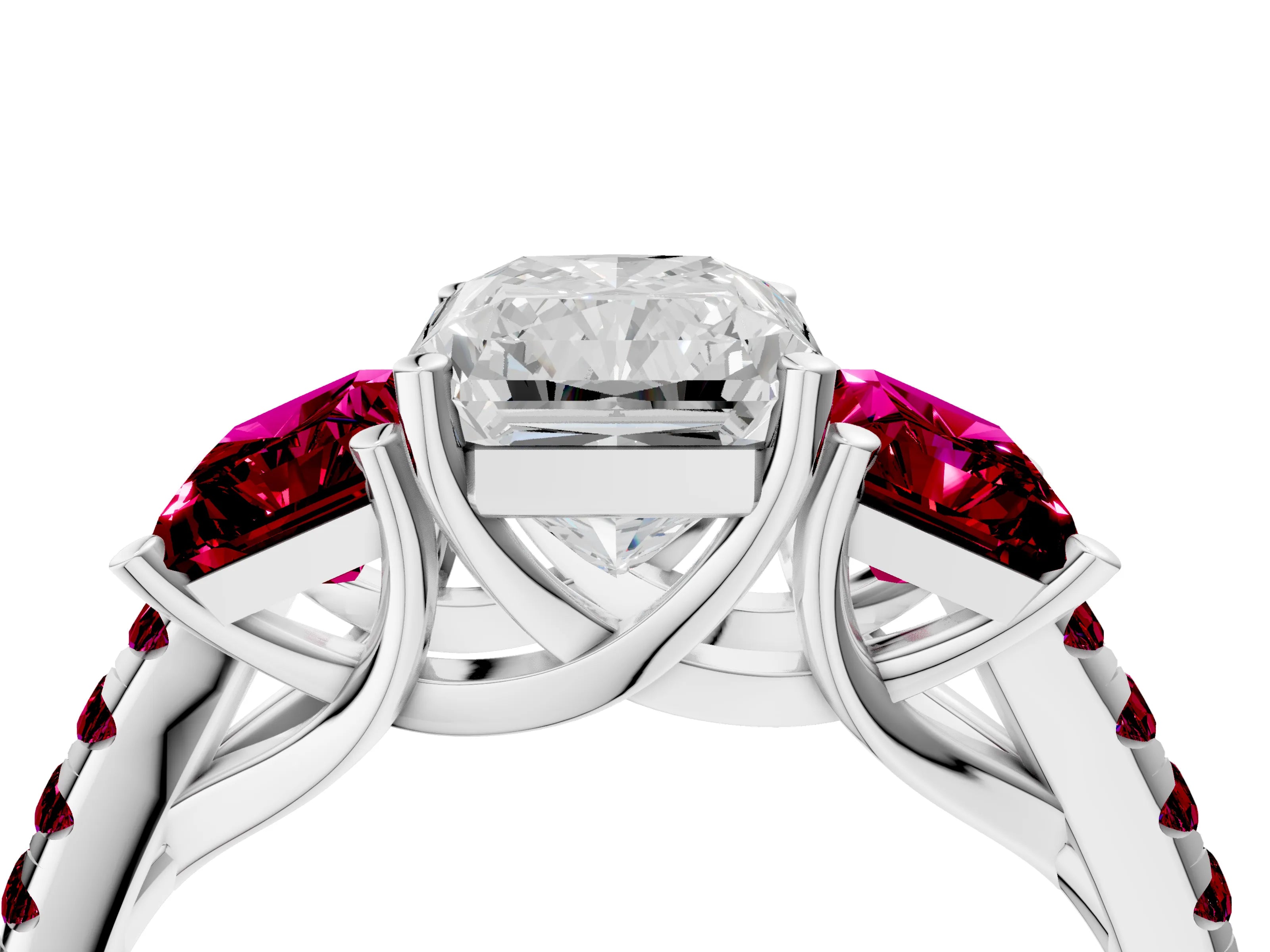 White gold Three-Stone Radiant Cut Diamond Ring with Round with Garnet side stone Pavé Band and Prong Setting_4