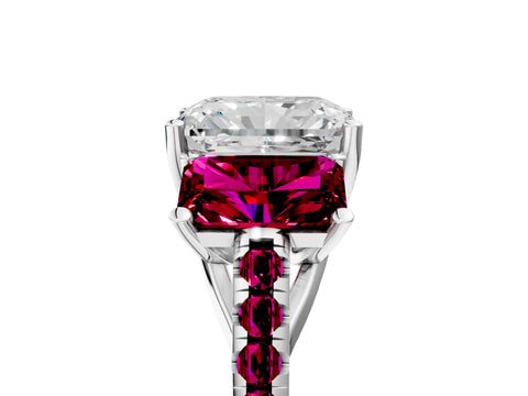 White gold Three-Stone Radiant Cut Diamond Ring with Round with Garnet side stone Pavé Band and Prong Setting_5