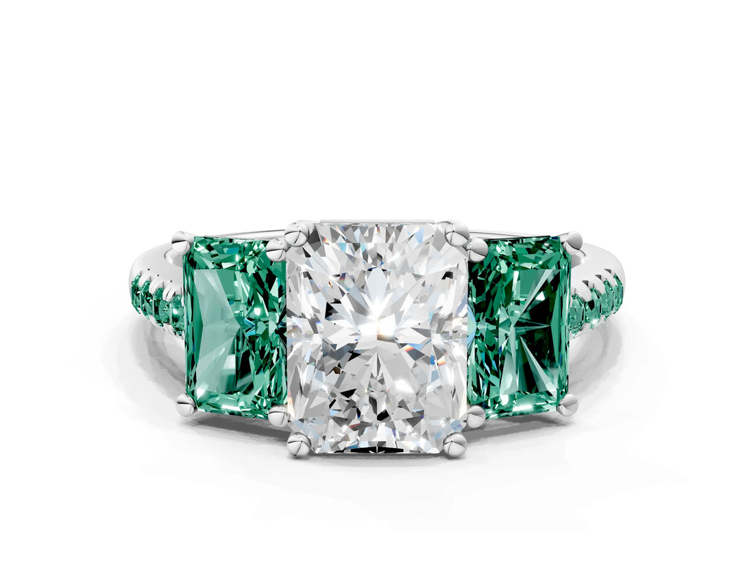 White gold Three-Stone Radiant Cut Diamond Ring with Round with Green Sapphire side stone Pavé Band and Prong Setting