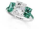 White gold Three-Stone Radiant Cut Diamond Ring with Round with Green Sapphire side stone Pavé Band and Prong Setting_25