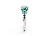 White gold Three-Stone Radiant Cut Diamond Ring with Round with Green Sapphire side stone Pavé Band and Prong Setting_2
