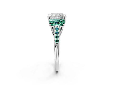 White gold Three-Stone Radiant Cut Diamond Ring with Round with Green Sapphire side stone Pavé Band and Prong Setting_2