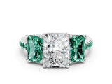 White gold Three-Stone Radiant Cut Diamond Ring with Round with Green Sapphire side stone Pavé Band and Prong Setting_36