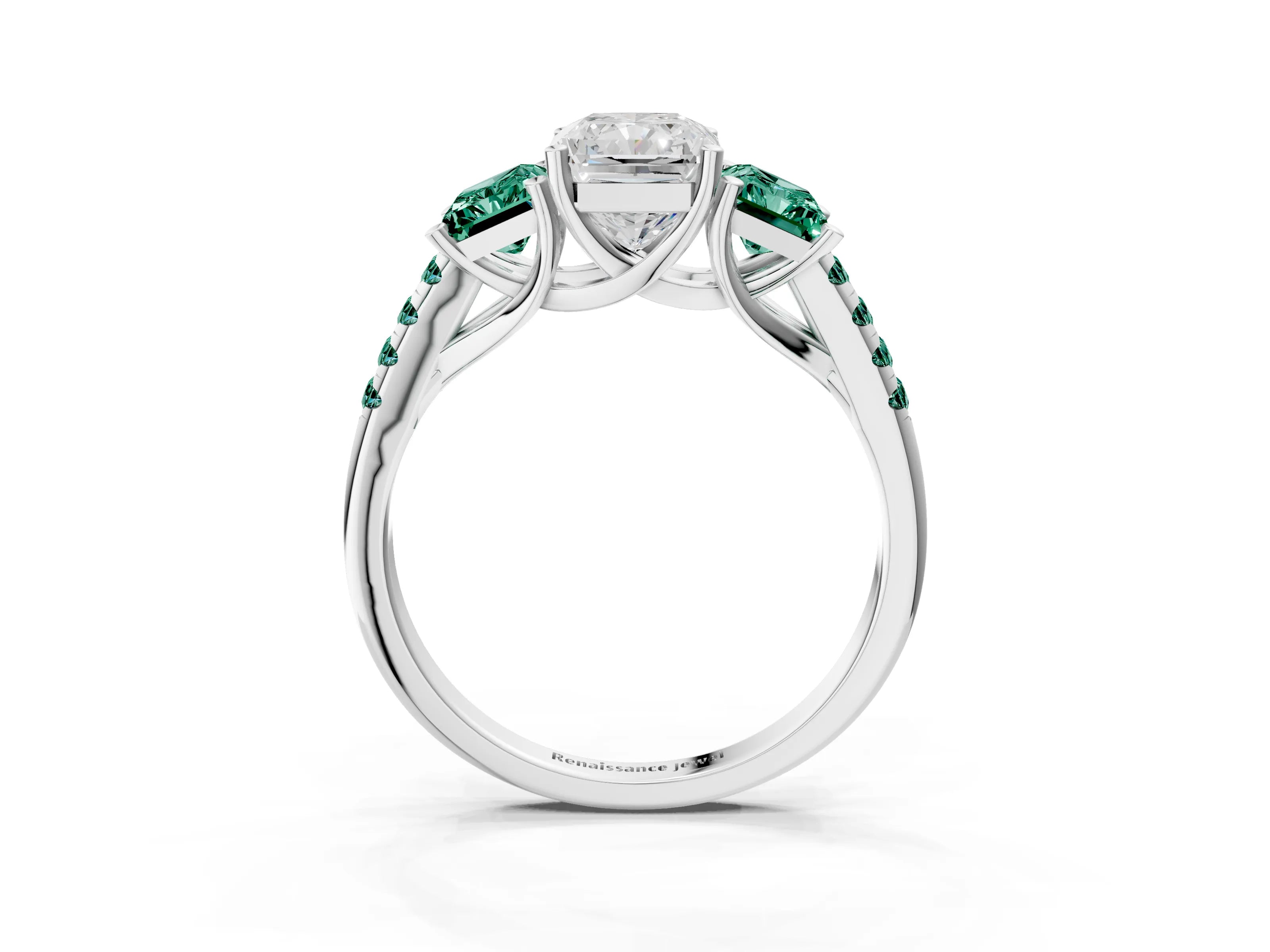White gold Three-Stone Radiant Cut Diamond Ring with Round with Green Sapphire side stone Pavé Band and Prong Setting_3