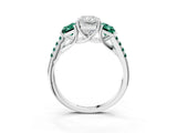 White gold Three-Stone Radiant Cut Diamond Ring with Round with Green Sapphire side stone Pavé Band and Prong Setting_3