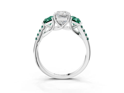 White gold Three-Stone Radiant Cut Diamond Ring with Round with Green Sapphire side stone Pavé Band and Prong Setting_3