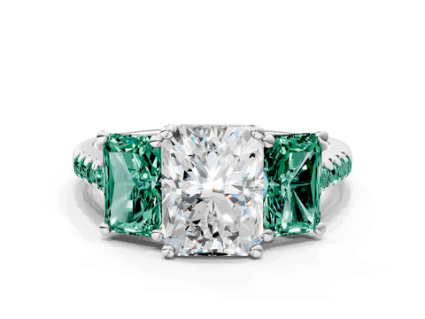 White gold Three-Stone Radiant Cut Diamond Ring with Round with Green Sapphire side stone Pavé Band and Prong Setting