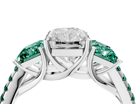 White gold Three-Stone Radiant Cut Diamond Ring with Round with Green Sapphire side stone Pavé Band and Prong Setting_4