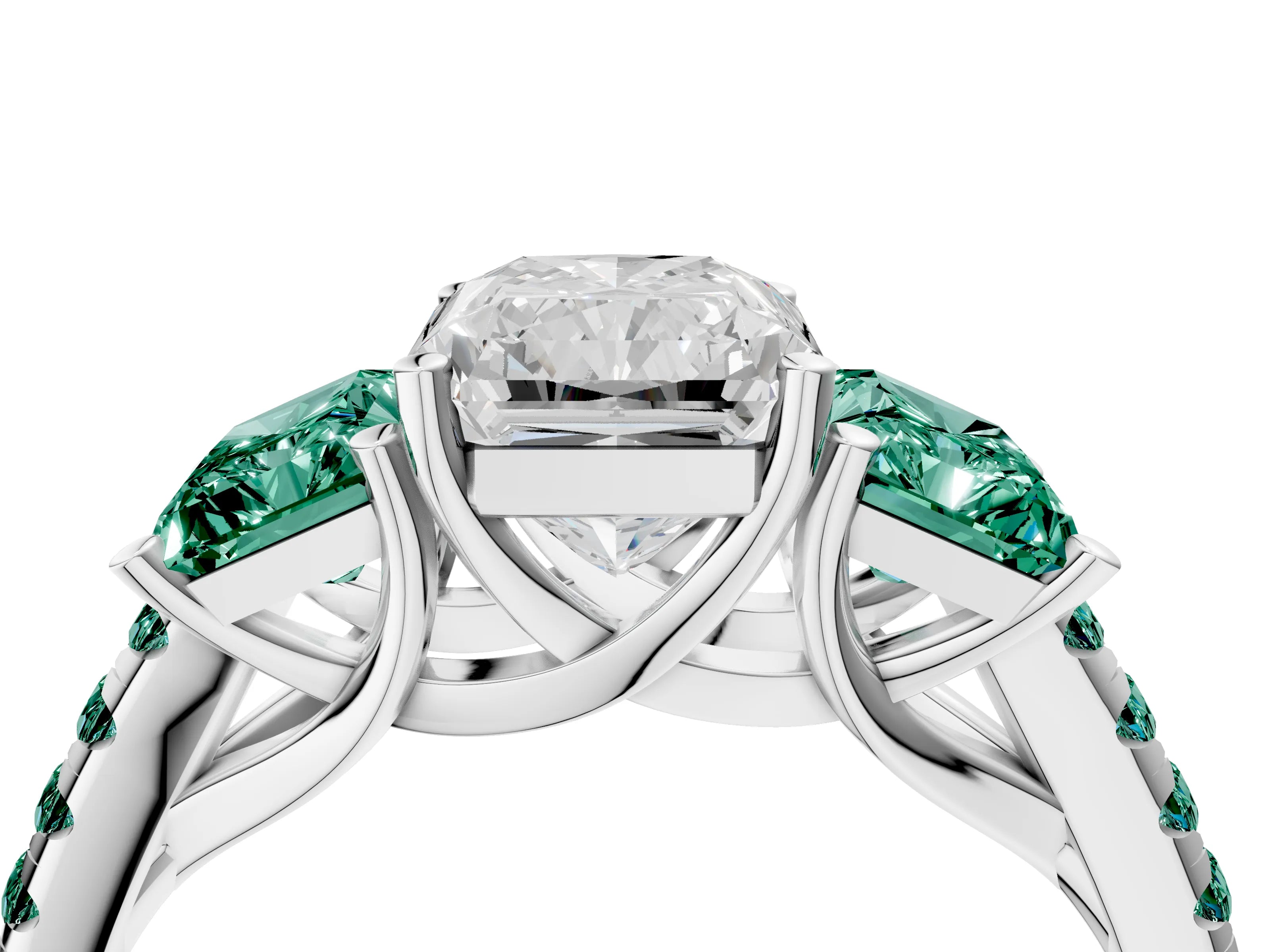 White gold Three-Stone Radiant Cut Diamond Ring with Round with Green Sapphire side stone Pavé Band and Prong Setting_4