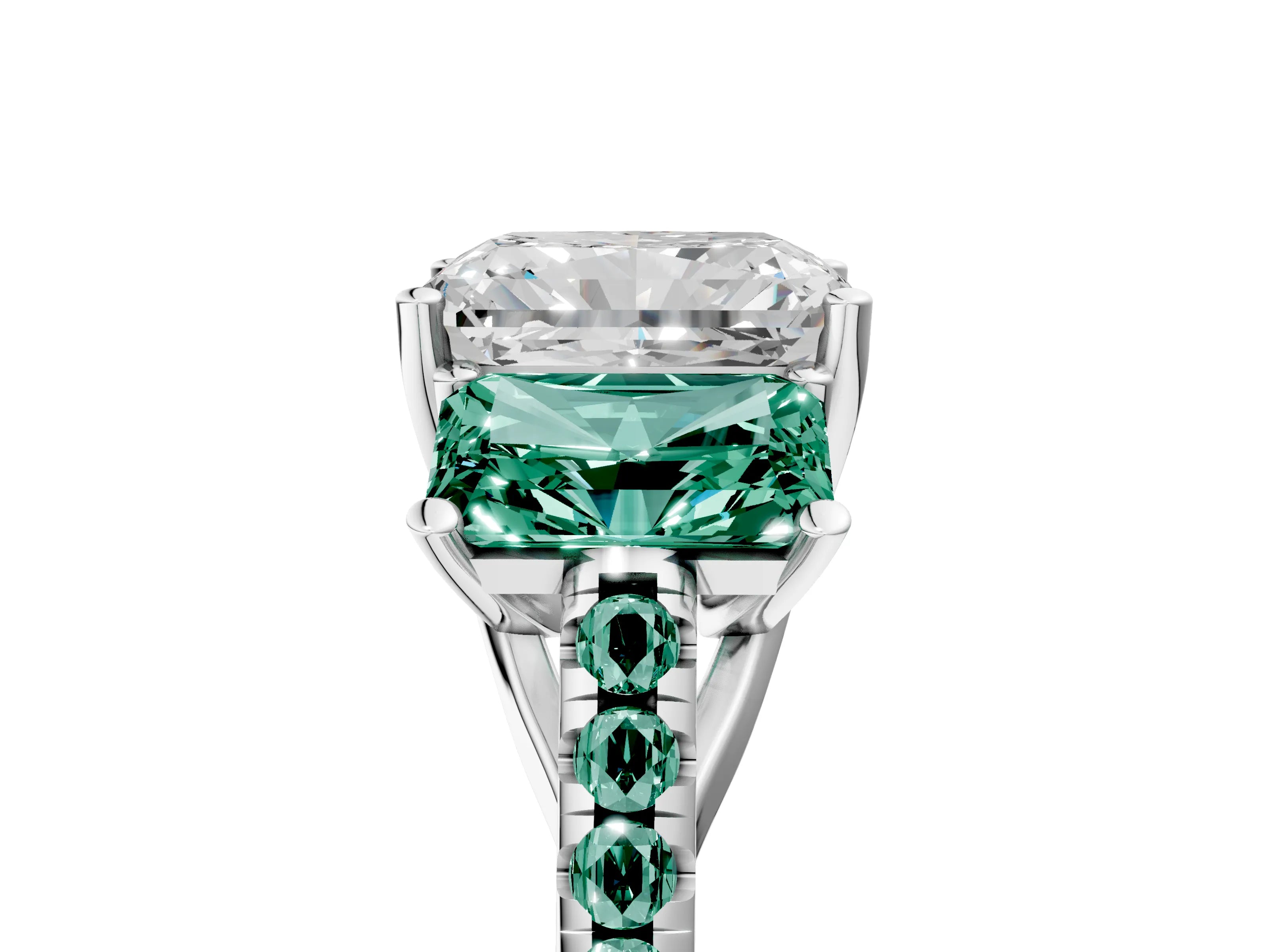 White gold Three-Stone Radiant Cut Diamond Ring with Round with Green Sapphire side stone Pavé Band and Prong Setting_5