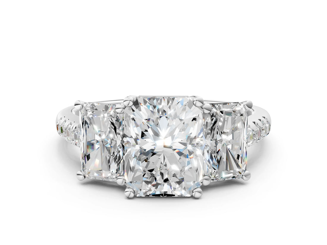 White gold Three-Stone Radiant Cut Diamond Ring with Round with Moissanite side stone Pavé Band and Prong Setting_18