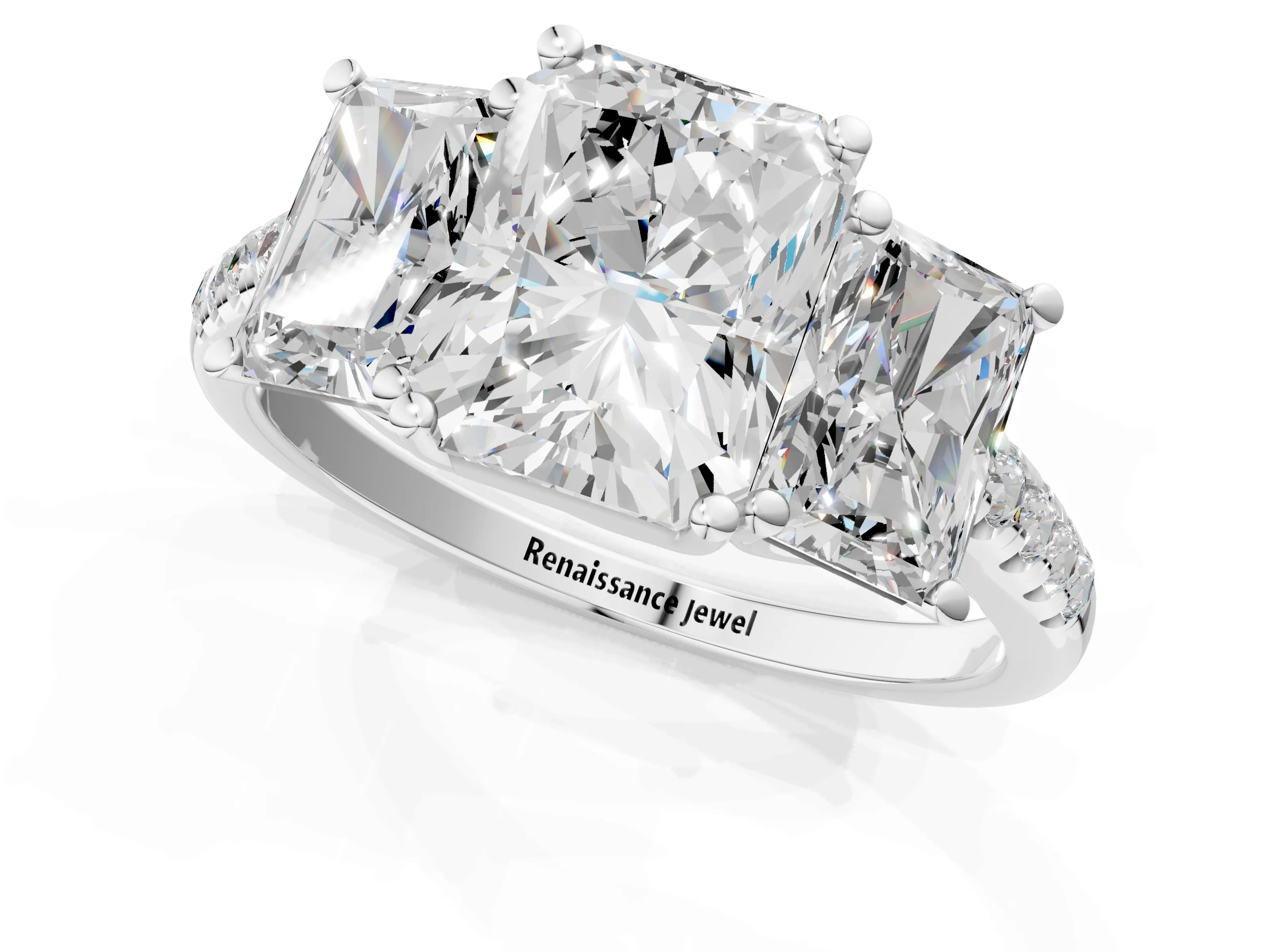 White gold Three-Stone Radiant Cut Diamond Ring with Round with Moissanite side stone Pavé Band and Prong Setting_1