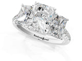 White gold Three-Stone Radiant Cut Diamond Ring with Round with Moissanite side stone Pavé Band and Prong Setting_1