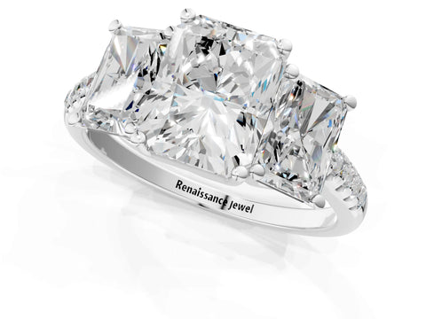 White gold Three-Stone Radiant Cut Diamond Ring with Round with Moissanite side stone Pavé Band and Prong Setting_1
