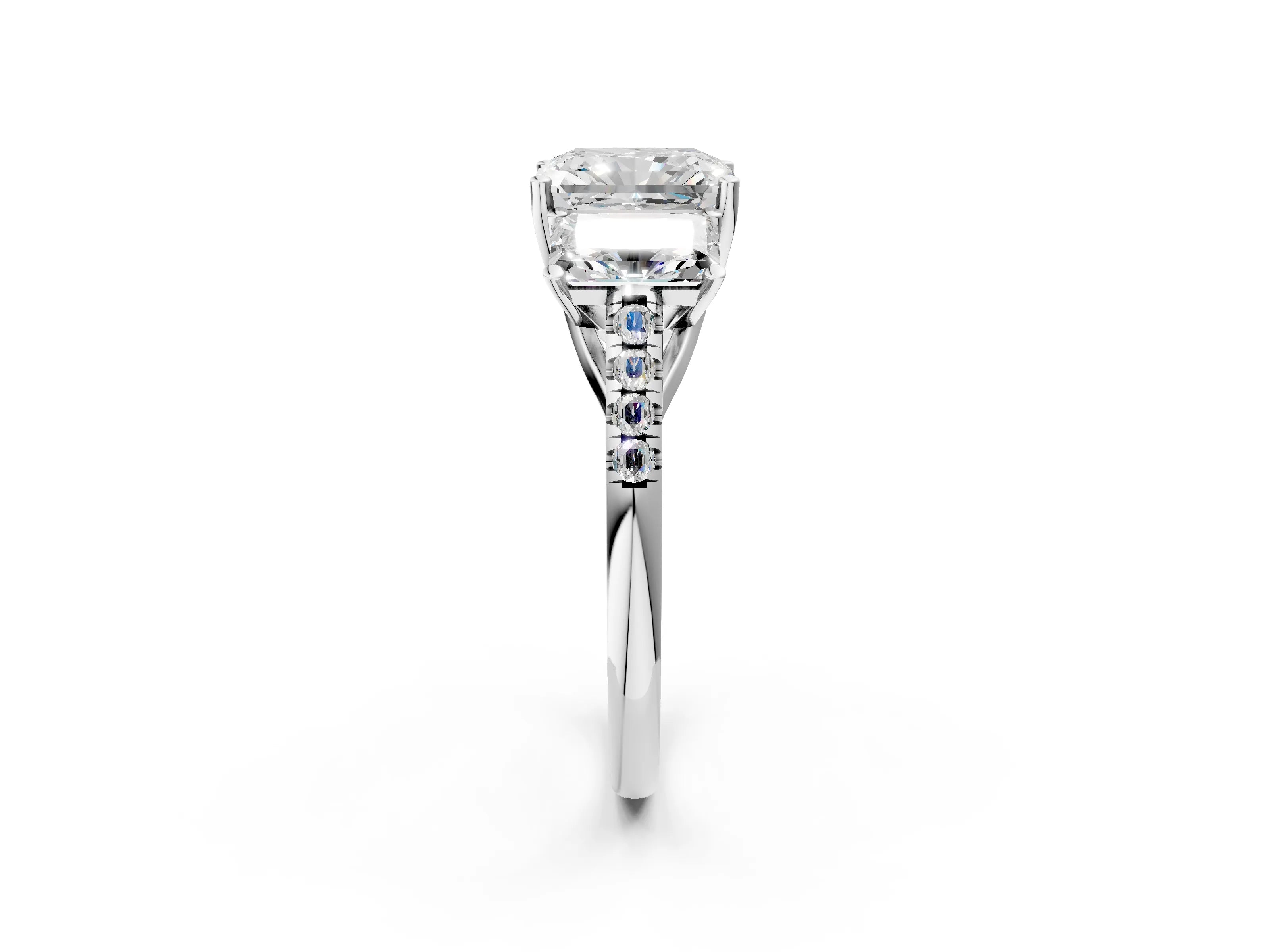 White gold Three-Stone Radiant Cut Diamond Ring with Round with Moissanite side stone Pavé Band and Prong Setting_2