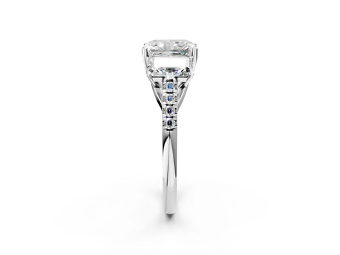 White gold Three-Stone Radiant Cut Diamond Ring with Round with Moissanite side stone Pavé Band and Prong Setting_2