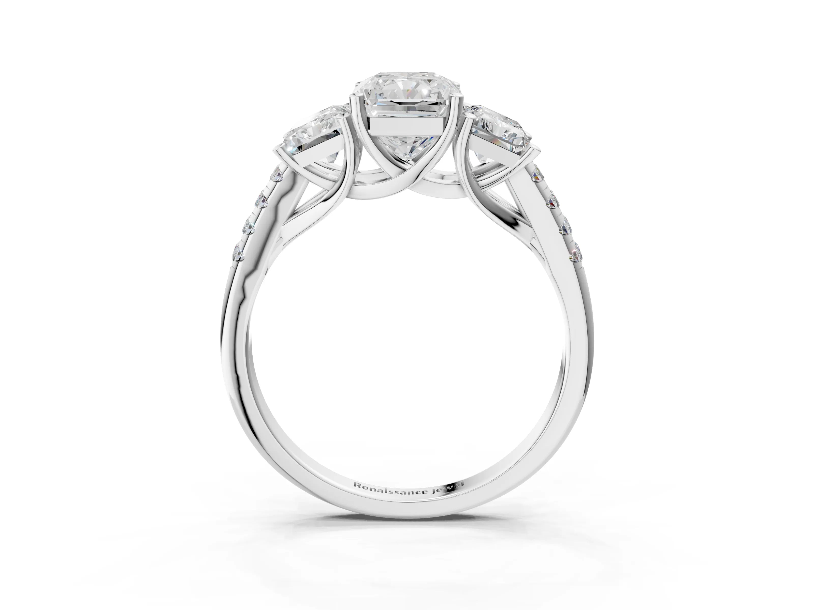 White gold Three-Stone Radiant Cut Diamond Ring with Round with Moissanite side stone Pavé Band and Prong Setting_3