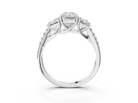 White gold Three-Stone Radiant Cut Diamond Ring with Round with Moissanite side stone Pavé Band and Prong Setting_3