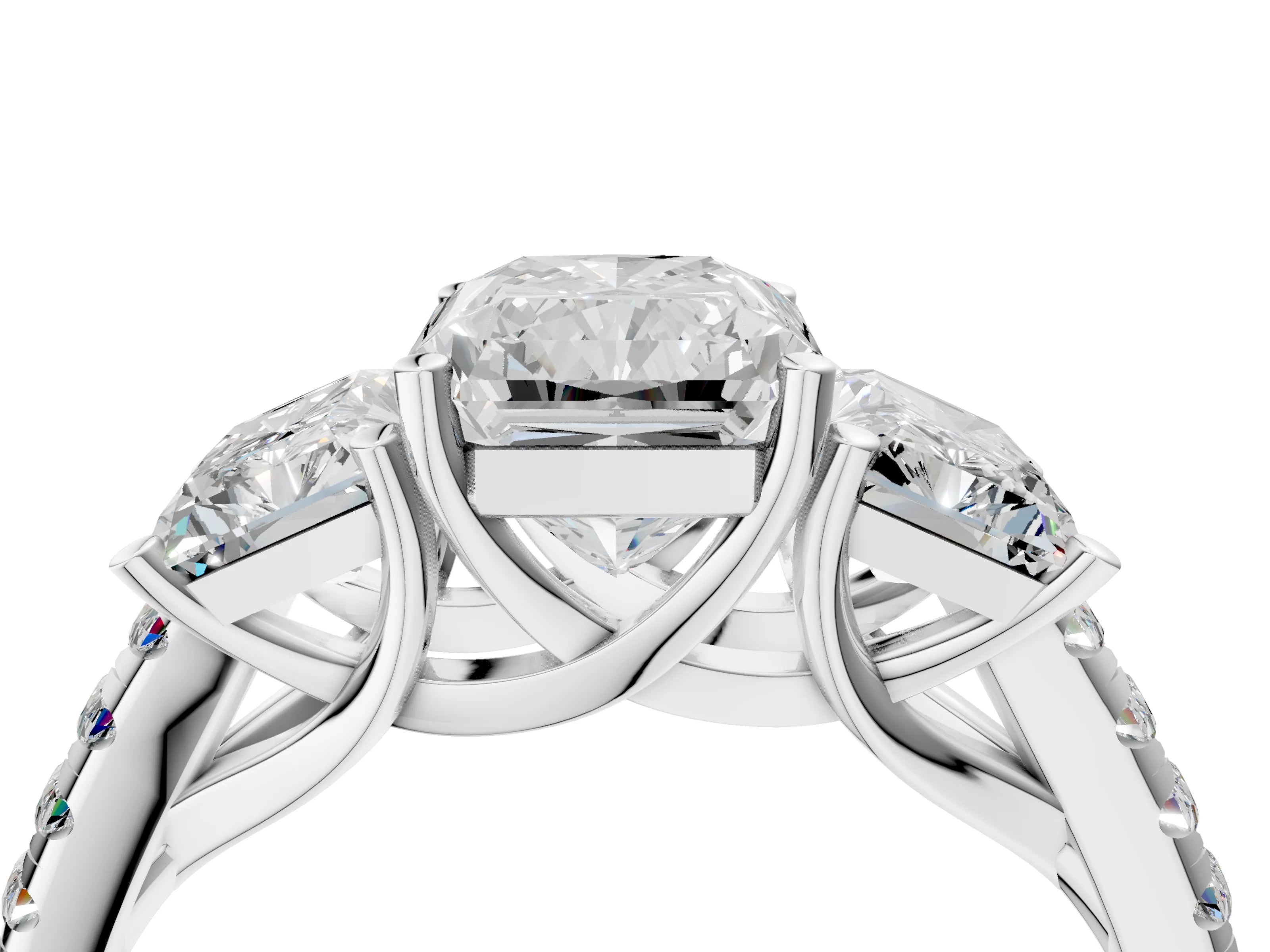 White gold Three-Stone Radiant Cut Diamond Ring with Round with Moissanite side stone Pavé Band and Prong Setting_4