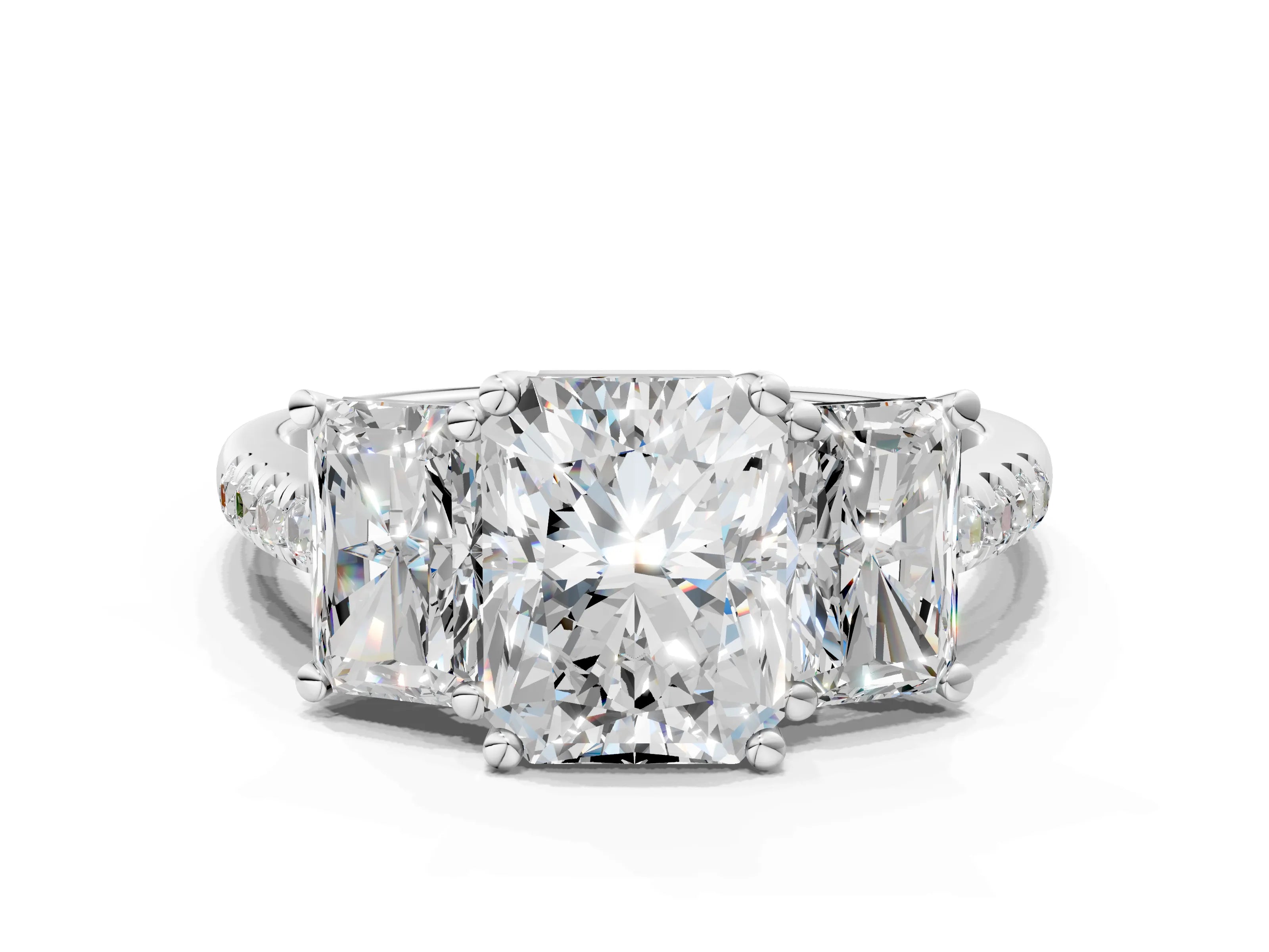 White gold Three-Stone Radiant Cut Diamond Ring with Round with Moissanite side stone Pavé Band and Prong Setting