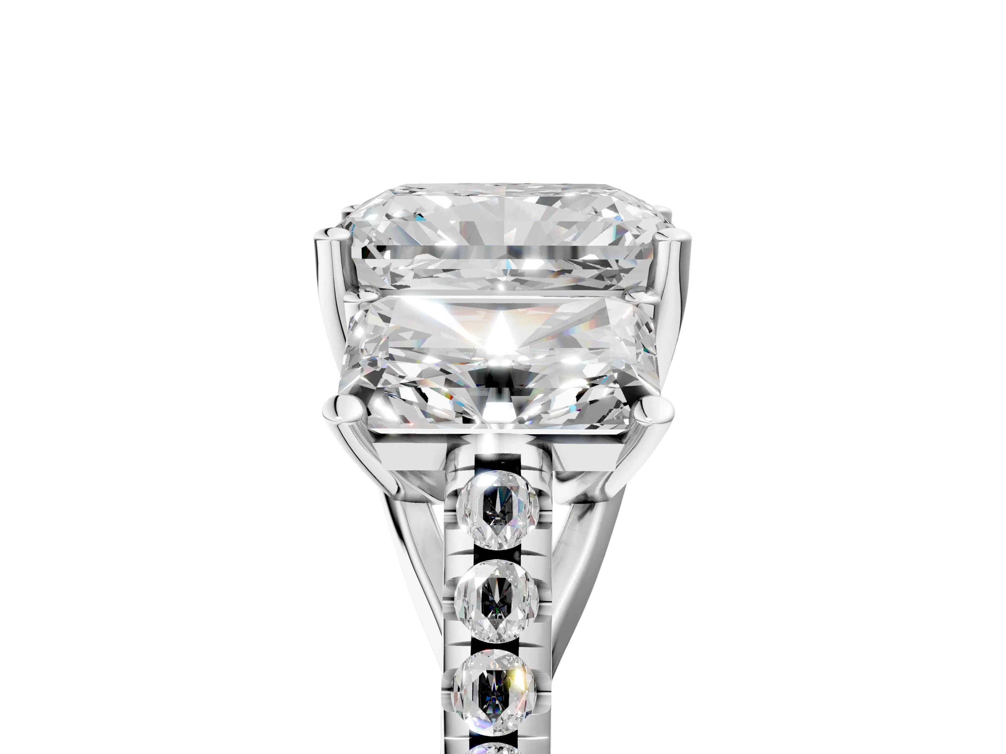 White gold Three-Stone Radiant Cut Diamond Ring with Round with Moissanite side stone Pavé Band and Prong Setting_5