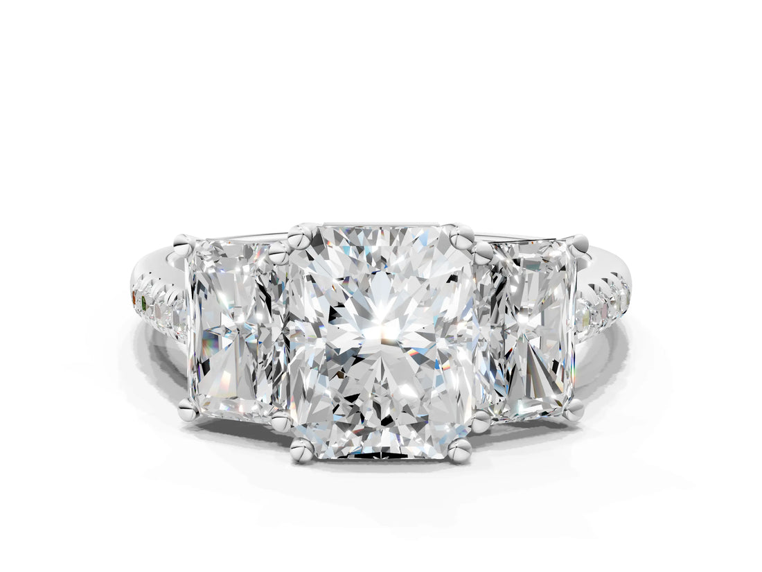 White gold Three-Stone Radiant Cut Diamond Ring with Round with Moissanite side stone Pavé Band and Prong Setting
