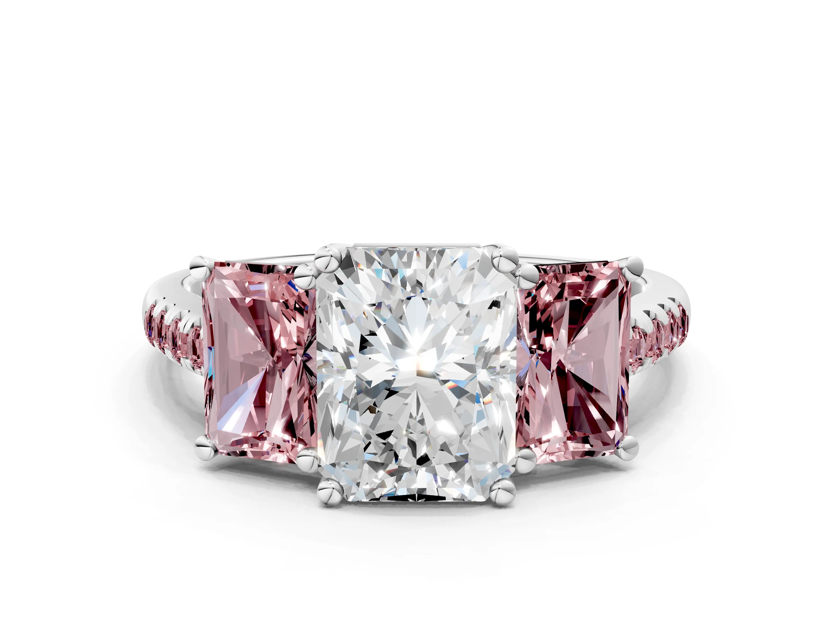 White gold Three-Stone Radiant Cut Diamond Ring with Round with Morganite side stone Pavé Band and Prong Setting