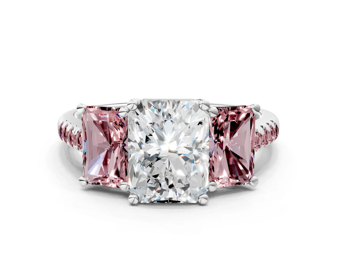 White gold Three-Stone Radiant Cut Diamond Ring with Round with Morganite side stone Pavé Band and Prong Setting