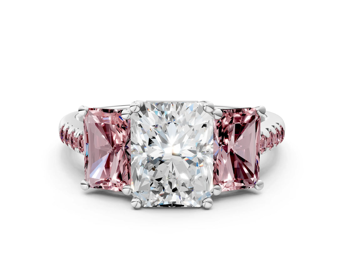 White gold Three-Stone Radiant Cut Diamond Ring with Round with Morganite side stone Pavé Band and Prong Setting_12