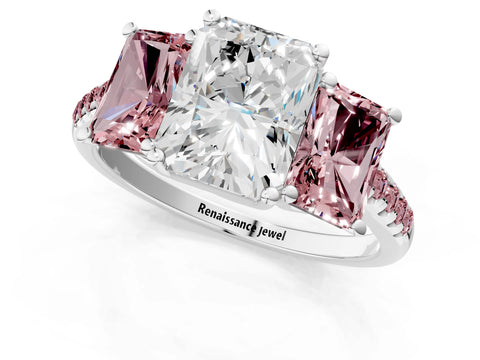 White gold Three-Stone Radiant Cut Diamond Ring with Round with Morganite side stone Pavé Band and Prong Setting_1