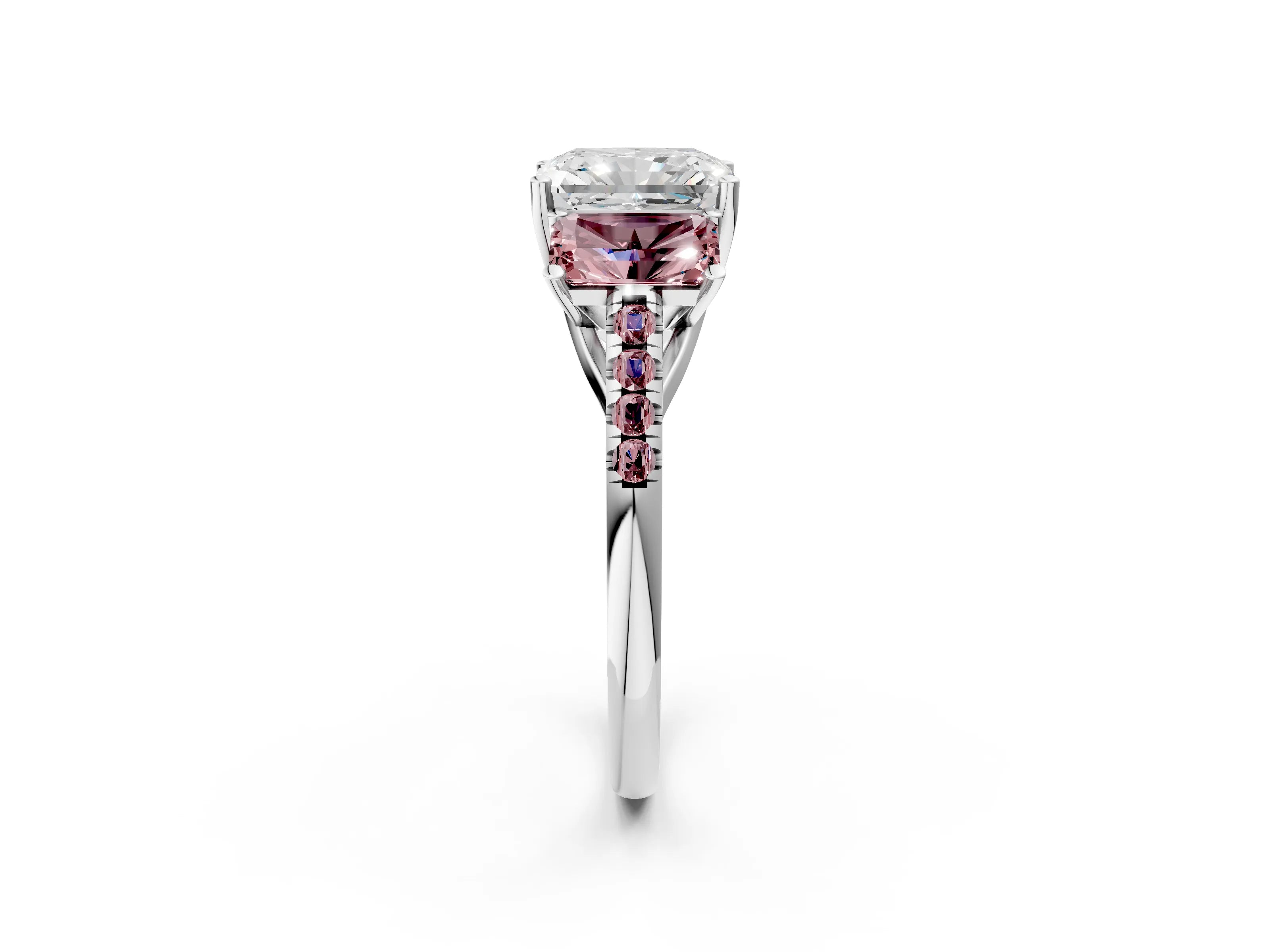 White gold Three-Stone Radiant Cut Diamond Ring with Round with Morganite side stone Pavé Band and Prong Setting_2