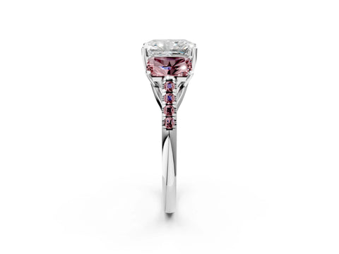 White gold Three-Stone Radiant Cut Diamond Ring with Round with Morganite side stone Pavé Band and Prong Setting_2