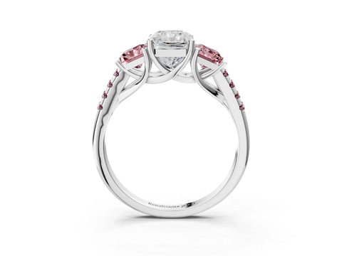 White gold Three-Stone Radiant Cut Diamond Ring with Round with Morganite side stone Pavé Band and Prong Setting_3