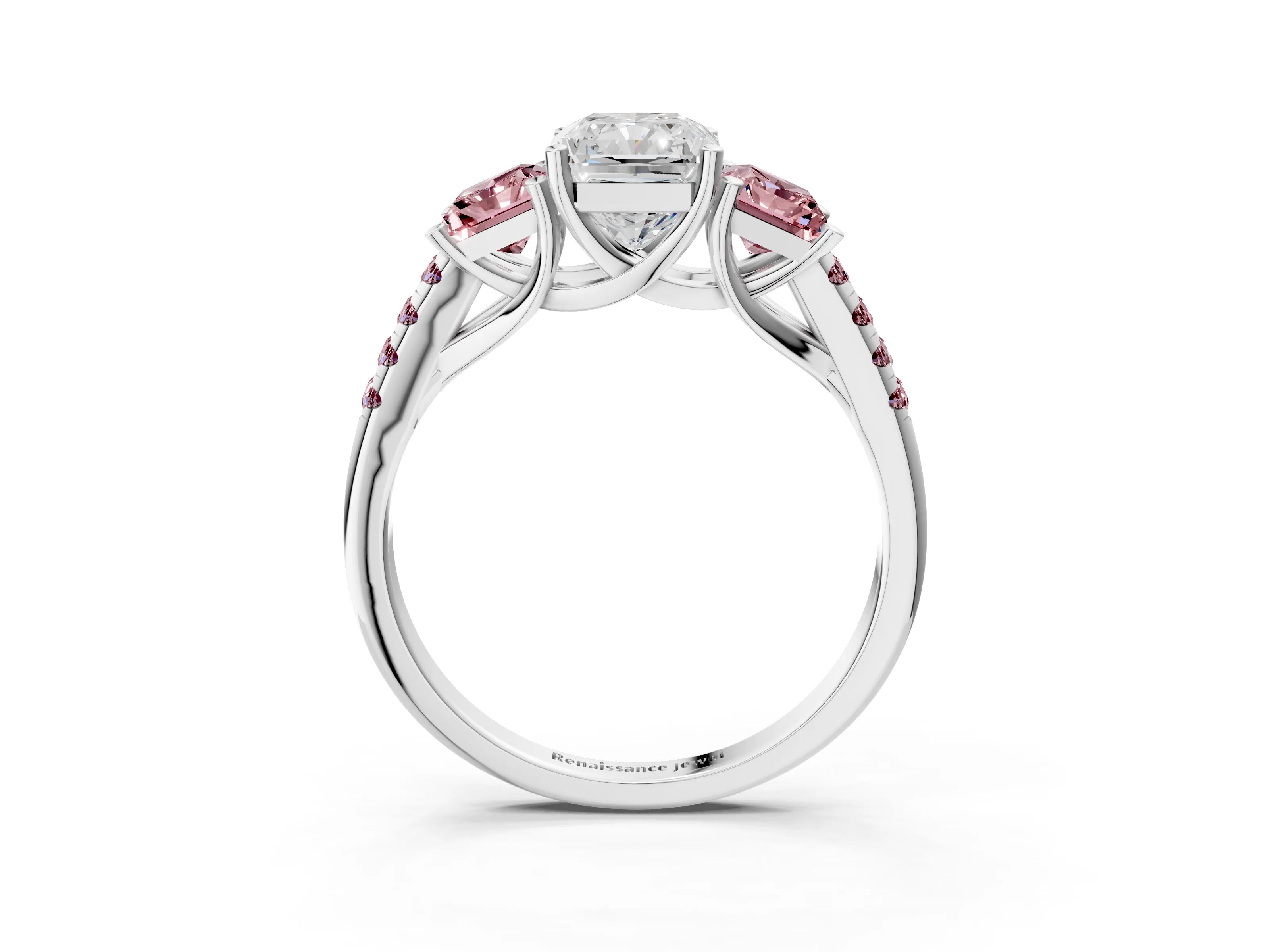 White gold Three-Stone Radiant Cut Diamond Ring with Round with Morganite side stone Pavé Band and Prong Setting_3