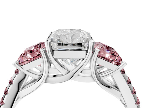 White gold Three-Stone Radiant Cut Diamond Ring with Round with Morganite side stone Pavé Band and Prong Setting_4
